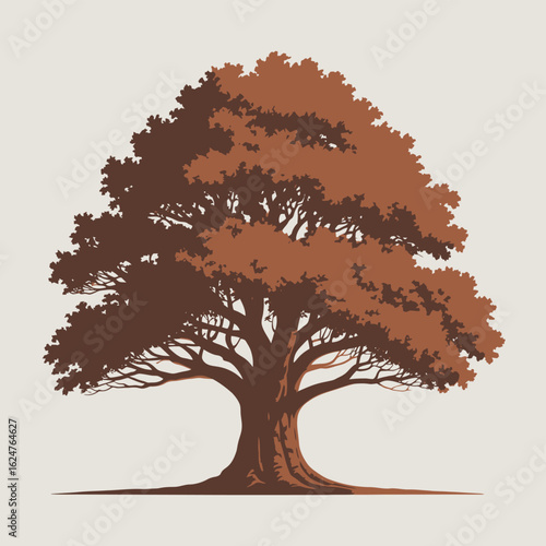 Majestic oak tree with autumn foliage on a neutral background