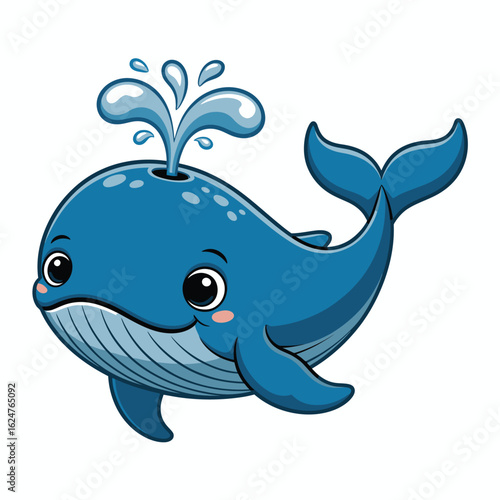 Adorable cartoon blue whale spouting water with big eyes