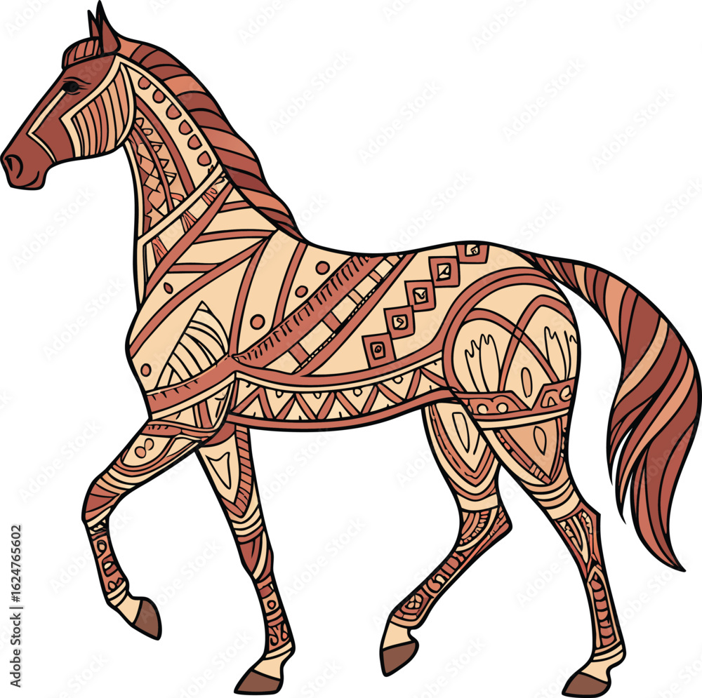 Obraz premium Elegant horse with intricate tribal patterns and warm earthy tones