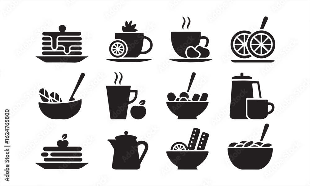Fototapeta premium A set of twelve simple, black and white icons depicting breakfast and brunch items.