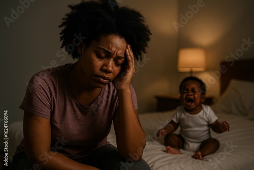 Exhausted African American mother struggles with a crying baby. Nighttime scene depicts the challenges of early parenthood. Postpartum depression.