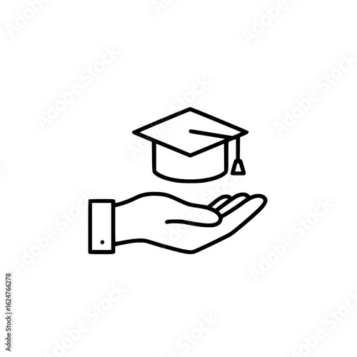 Education support icon with a hand holding a graduation cap