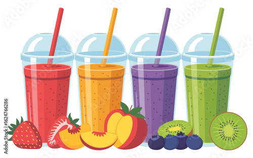 Colorful assortment of fresh fruit smoothies and ingredients