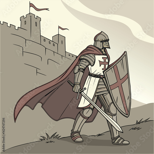 Illustrative depiction of a valiant knight clad in polished silver plate armor ready for battle with a regal bearing and a sense of honor