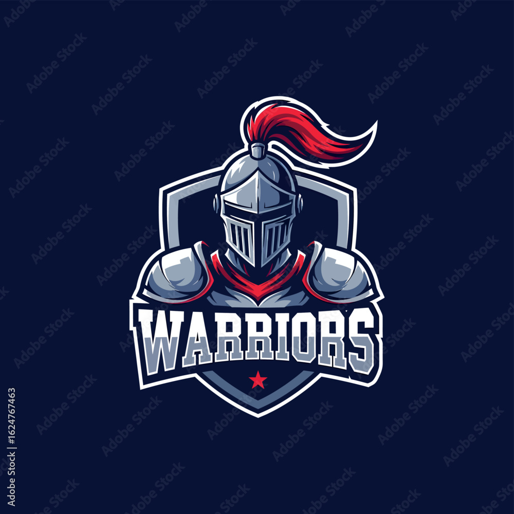Fototapeta premium Warrior knight mascot logo with metallic armor and a red plumed helmet. A powerful emblem with a shield for an e-sports or sports team identity.