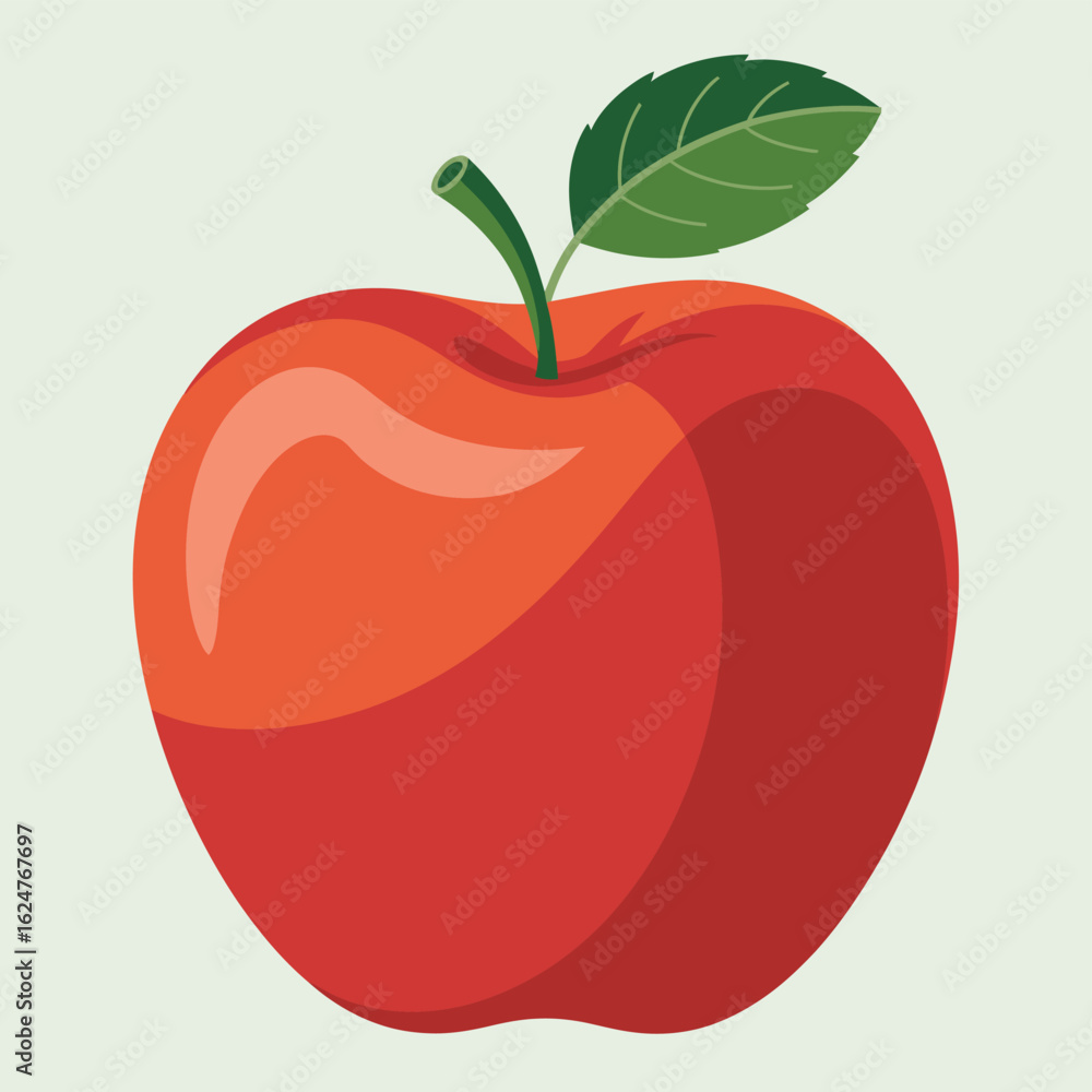 Fototapeta premium A vibrant red apple with a green leaf and stem