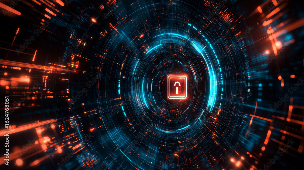 Fototapeta premium Modern tech-themed background featuring a digital lock, representing cybersecurity and information protection concepts.