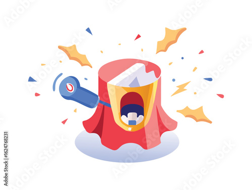 Vector art of red tree stump with a blue tool, isolated on white background with explosion and confetti.
