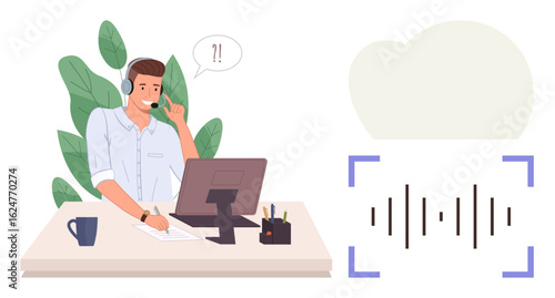 Man wearing a headset at a desk with computer, coffee cup, and plants, engaged in a call. Cloud and audio waveform suggest speech recognition, technology, or data storage. Ideal for communication