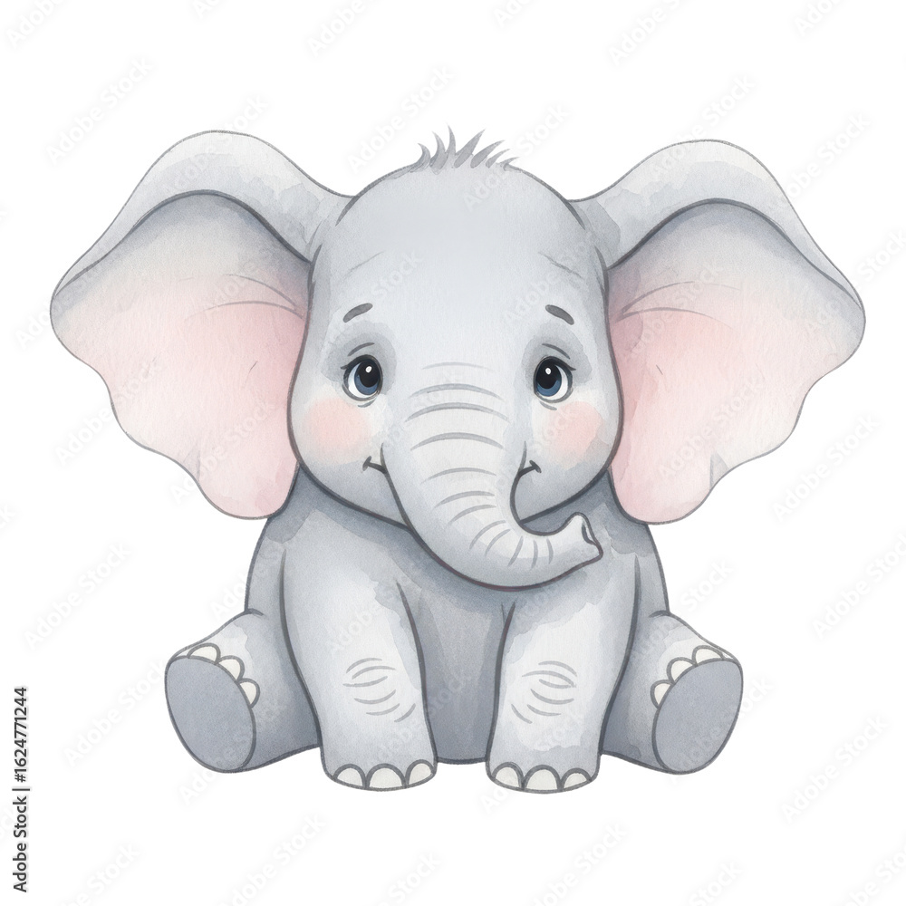 Fototapeta premium Charming watercolor baby elephant sits playfully, perfect for nursery decor and children's book illustrations