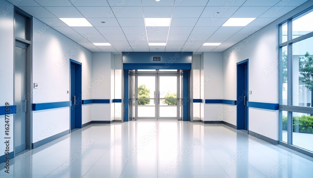 Fototapeta premium Bright and modern hospital hallway interior with polished floors and blue details. An empty corridor in a contemporary healthcare clinic.