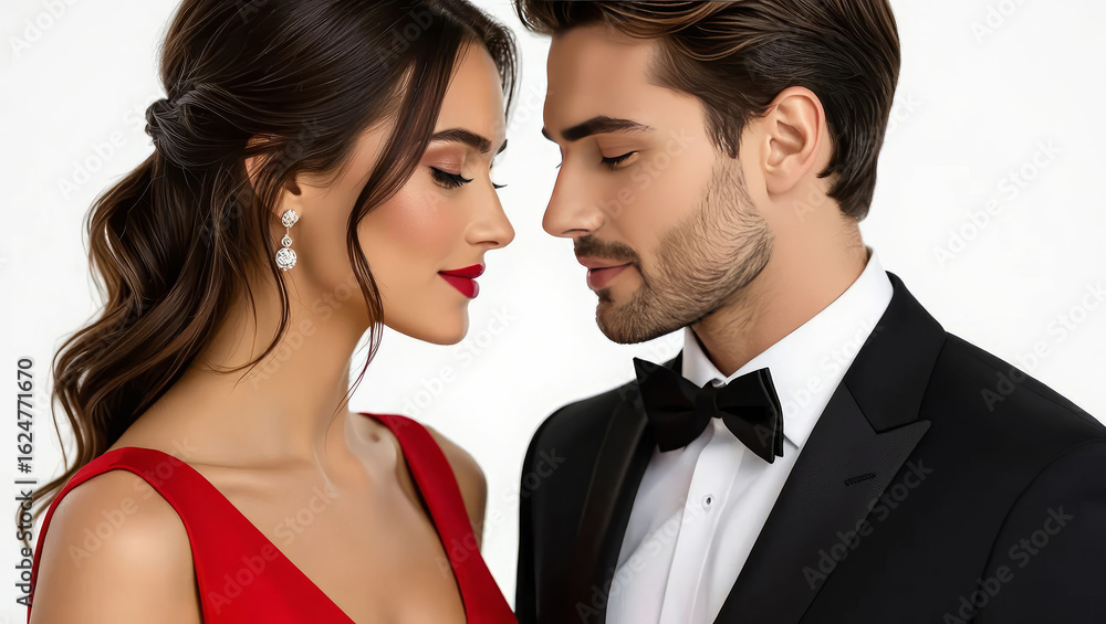 Elegant couple in formal wear sharing a tender moment, embodying romance and sophistication for special occasions Elegant couple in formal wear sharing a tender moment, embodying romance and sophistication for special occasions