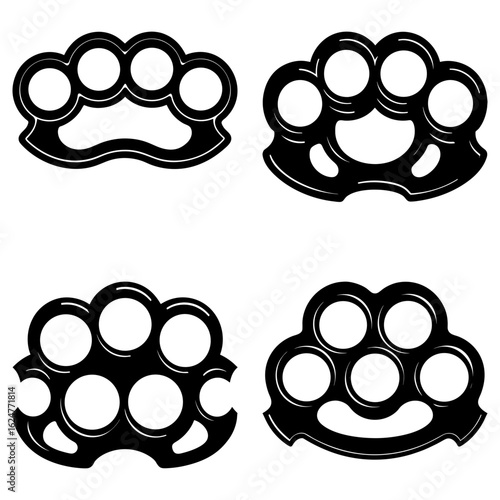 Illustration showing four distinct designs of black knuckle dusters on a white background in a square layout