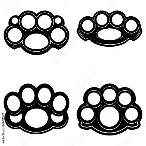 Four illustrations of knuckle dusters in black and white with varying finger hole configurations shown