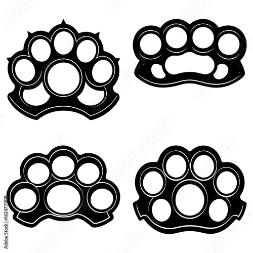 Illustration of four different designs of black and white knuckle dusters on a white background
