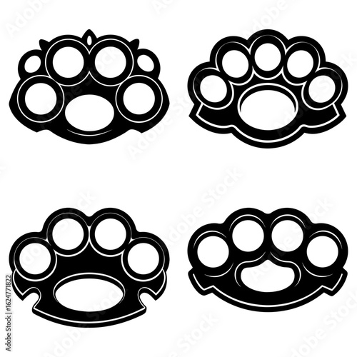 Illustration of four sets of brass knuckles with varying designs and circular finger holes in black and white