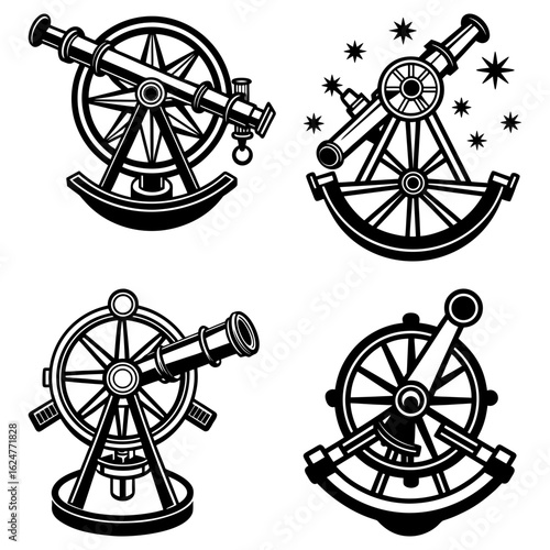 Four stylized black and white illustrations of vintage navigational instruments on a white background image