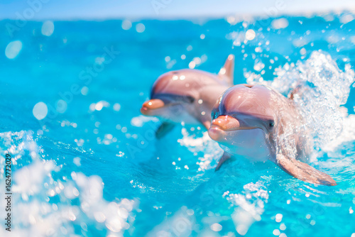 Synchronized dolphins jumping over ocean wave dynamic aquatic wildlife moment