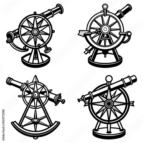 Collection of nautical instruments includes telescopes and compasses in black and white style art