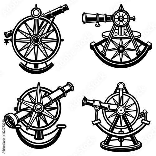 Four nautical instruments featuring compasses and telescopes in black and white vector illustration