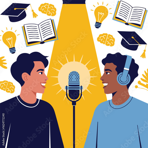 podcast illustration man and woman with mic and headphone