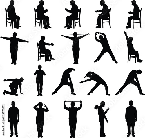 Seniors and elderly people exercising, stretching, and daily activities silhouette set for health and wellness, flat vector illustration.