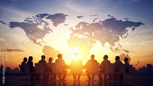 A group of people are sitting at a table with a world map and a sunset in the background meeting