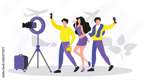 Group of people taking pictures with ring light and planes in the background in bright colors