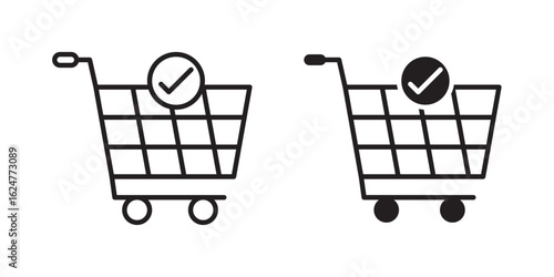 Order icon , Shopping cart and check mark icon. Vector illustration with stroke and fill on a white background.