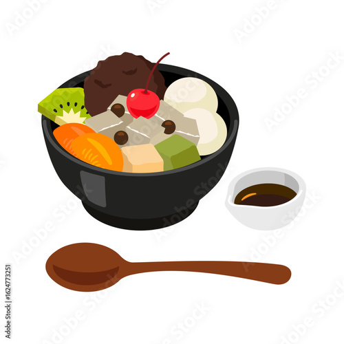 Anmitsu Japanese dessert set with kuromitsu syrup and spoon - flat vector illustration
