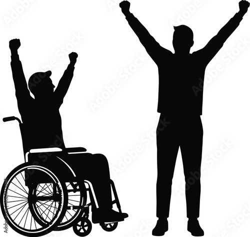 Disabled man in a wheelchair and a standing man with arms raised in victory, success, and freedom. vector silhouette illustration.