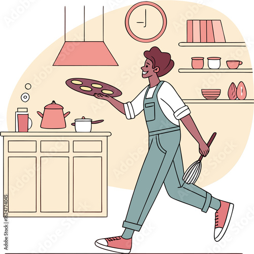 A young man flipping pancakes on a pan