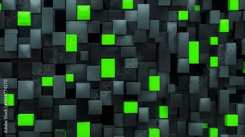 3D Geometric Cubes Pattern Green Highlights on Gray Background
