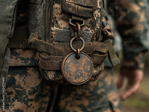 Close-up of a weathered bronze disc keychain attached to a military backpack