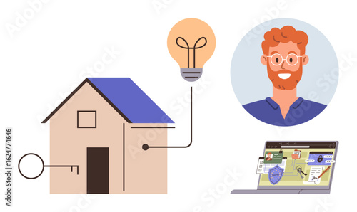 House connected to technology, light bulb, key, computer screen displaying controls, and user avatar. Ideal for smart home, automation, technology, innovation security energy efficiency simple