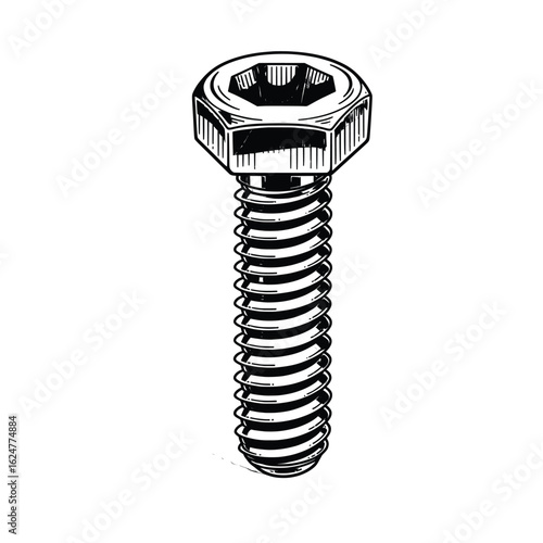 Vector illustration of a hex head bolt with thread used for mechanical fastening in construction and engineering applications
