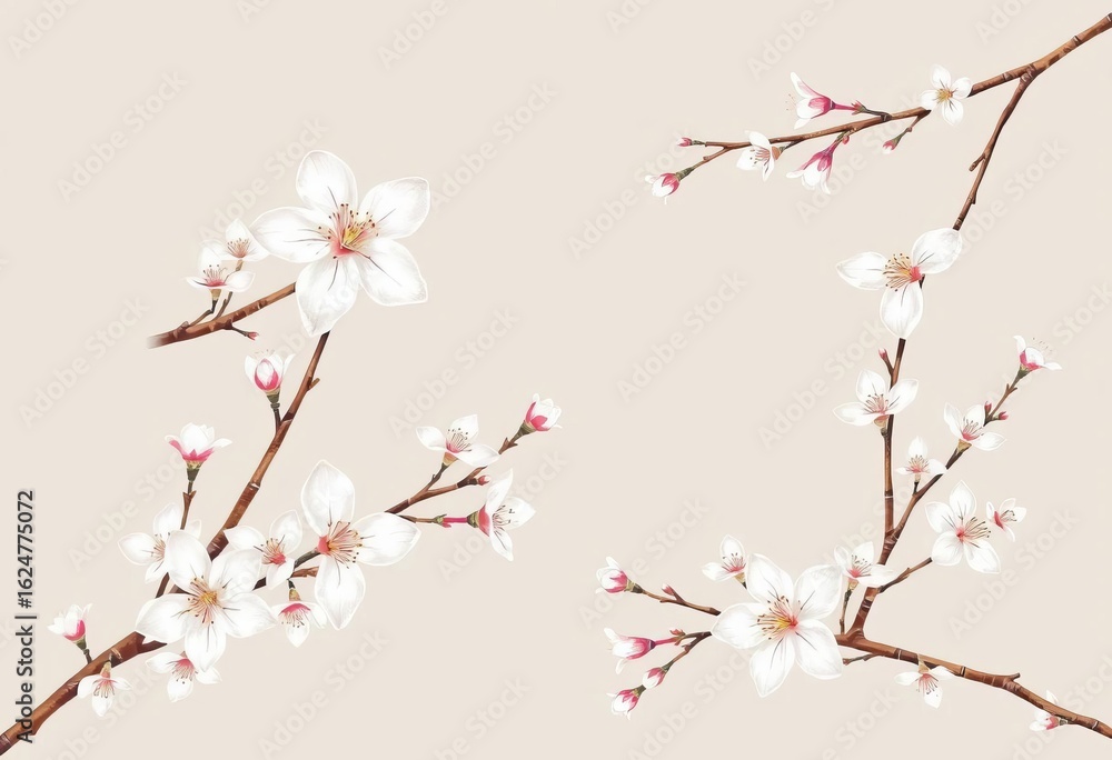 Hand-drawn cherry blossom branches, seamless floral pattern, white flowers on grey & beige background , floral, background Hand-drawn cherry blossom branches, seamless floral pattern, white flowers on grey & beige background , floral, background