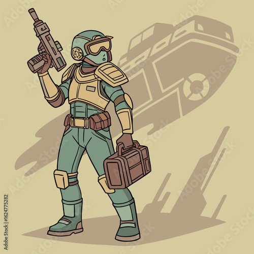 Detailed illustration of a robust industrial spacecraft designed for deep space salvage operations featuring weathered metal textures and functional components