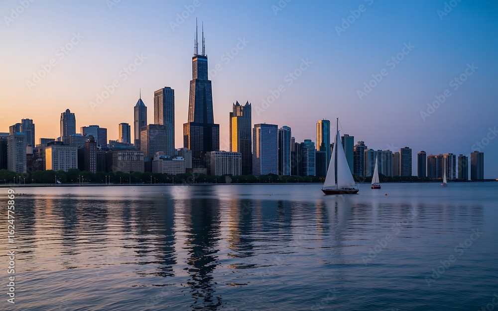 Chicago Skyline at Dusk with Sailboats on Lake Michigan and Reflections of Buildings in the Water Chicago Skyline at Dusk with Sailboats on Lake Michigan and Reflections of Buildings in the Water