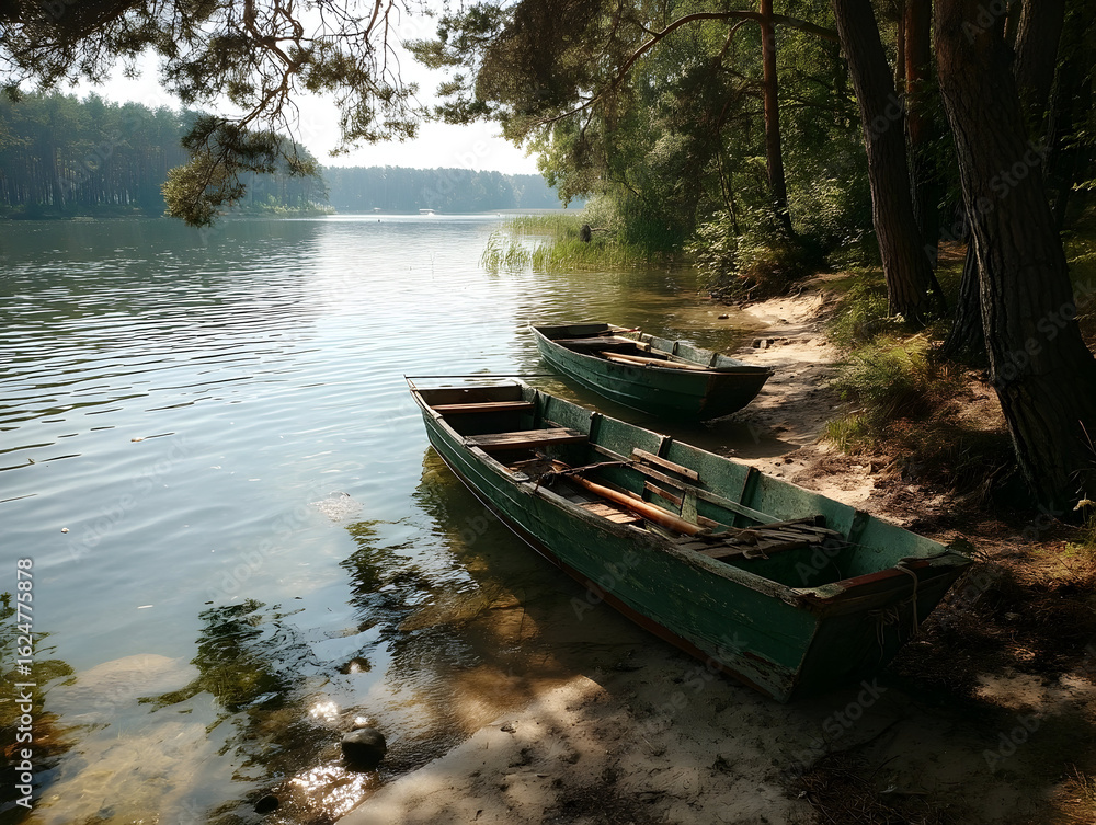 Fototapeta premium Weathered rowboats resting on sandy lakeshore, soft morning light illuminating verdant landscape with serene, peaceful atmosphere