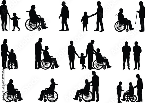Disabled people with family members silhouettes, set of vector illustrations of people in wheelchairs and helping hands.