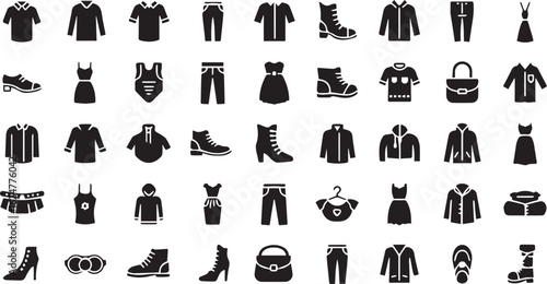 Collection of Black Silhouette Icons Representing Various Clothing and Accessories fashion apparel