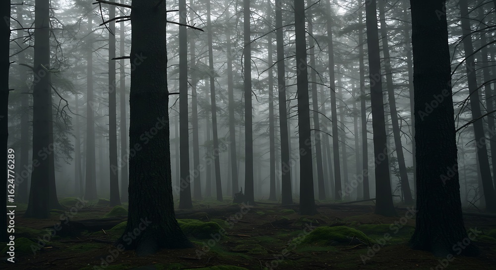 Naklejka premium Dark Silhouettes in a Deep, Foggy Forest with a Mossy Floor