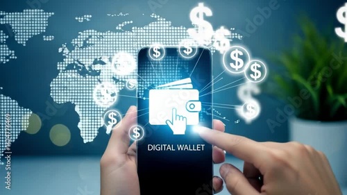 Person using digital wallet on smartphone with world map and dollar signs in the background