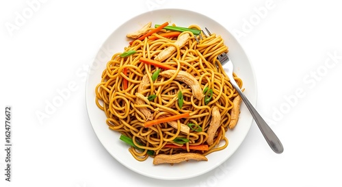 Delicious chicken chow mein noodles with vegetables on white plate