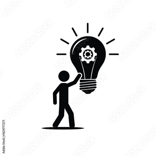 Vector illustration of a person reaching for a light bulb with a gear inside representing a new innovative idea