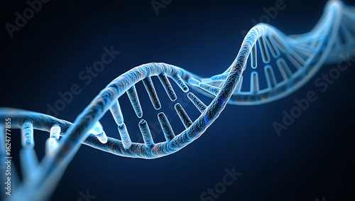 Close up of a glowing blue double helix dna strand against a dark background representing genetics and scientific research