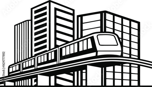 Modern City Buildings with a Monorail Train on an Elevated Track skyline transportation