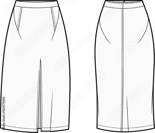 CAD drawing flat vector illustration of midi pencil skirt with front pleat, pockets, clean design, back dart, technical sketch