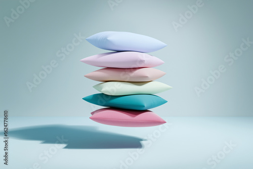 Stack of pillows in gradient candy colors, floating slightly above surface, soft shadow